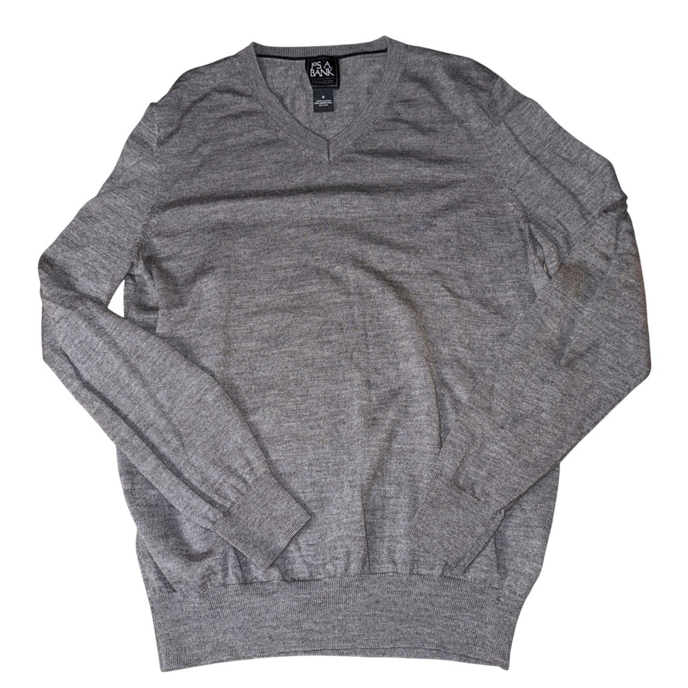 JOS A‎ BANK TRAVELER Mens V Neck Sweater Medium Merino Wool Gray Long Sleeve